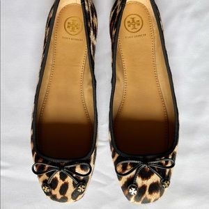 Tory Burch Leopard Print Laila Calf Hair Ballet Flats with Bow